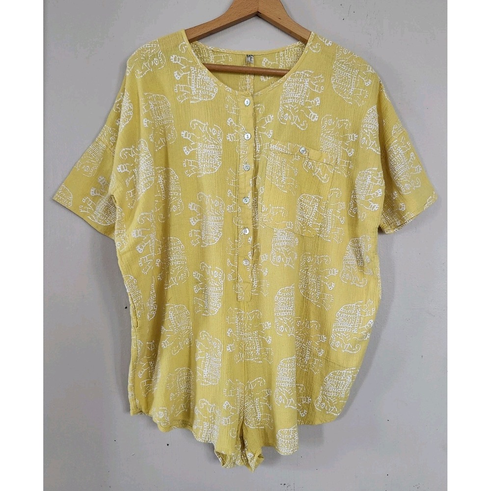 Intimately Free People Womens XS Yellow Gauzy Button Up Elephant Print Romper - Picture 1 of 7
